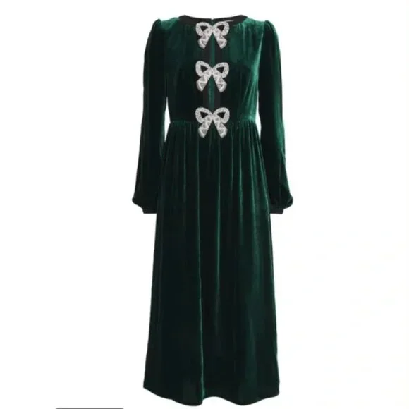 Saloni Camille Racing Green Velvet Dress 4 Jeweled Bows Midi Feminine Holiday - Picture 1 of 8